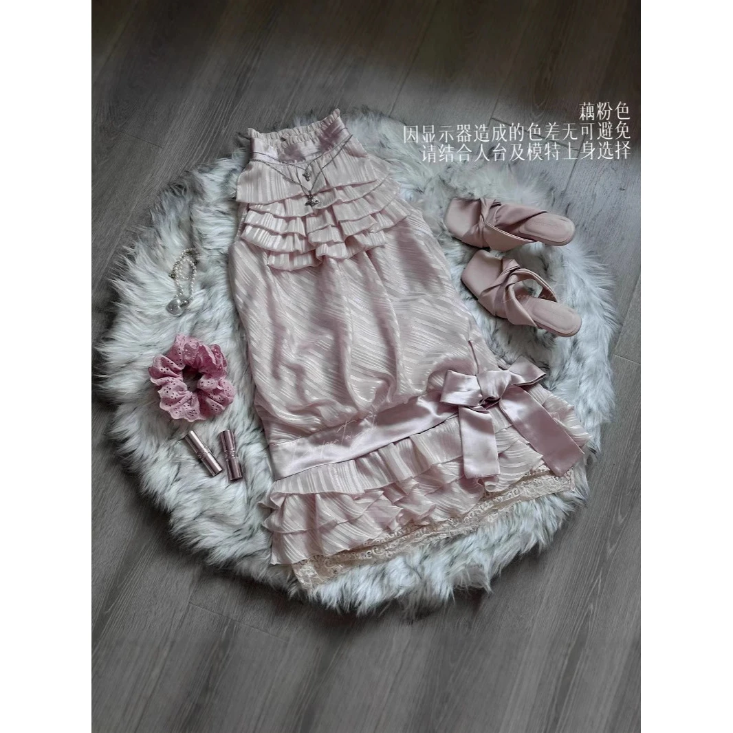 vintage古早古着套装紫色短裙蝴蝶结挂脖蕾丝上衣+蛋糕裙两件套