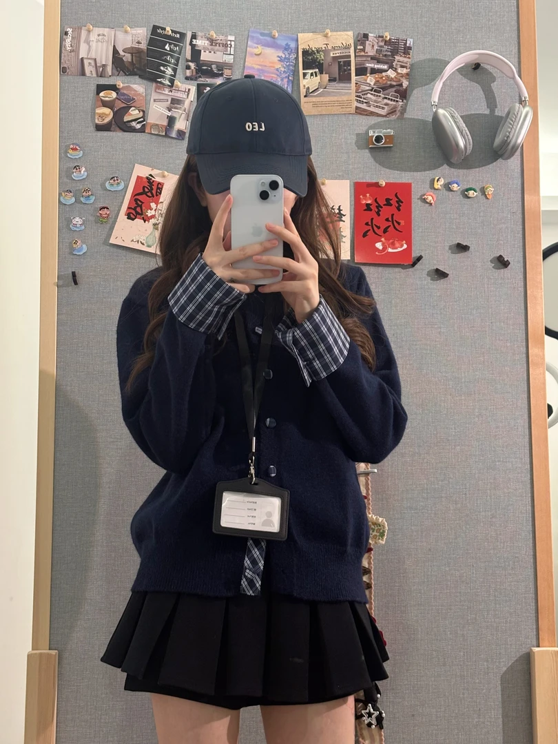 格子假两件秋冬韩版撞色拼接毛针织开衫设计感小众圆领上衣