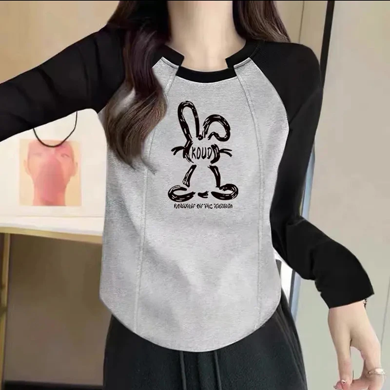 2025春秋大码修身内搭打底衫显瘦上衣潮拼色插肩不规则长袖恤女