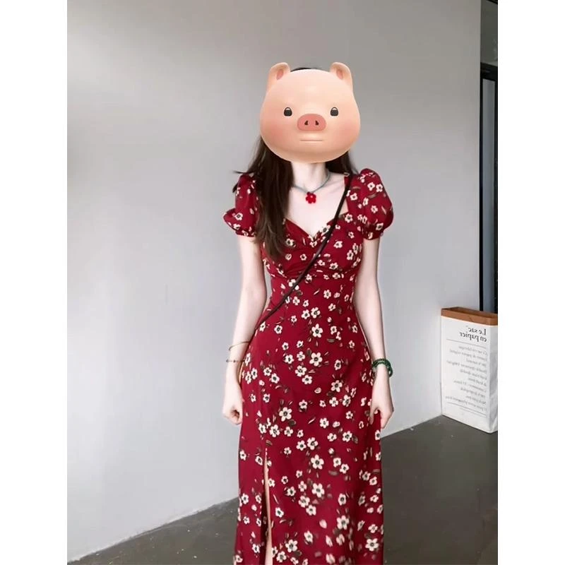 短袖连衣裙女2025夏季新款法式气质泡泡袖碎花收腰中长款开叉裙子