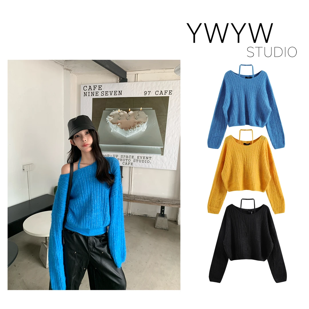 【YWYW25F/W】挂脖毛织吊带+一字肩套头毛衣两件套5700