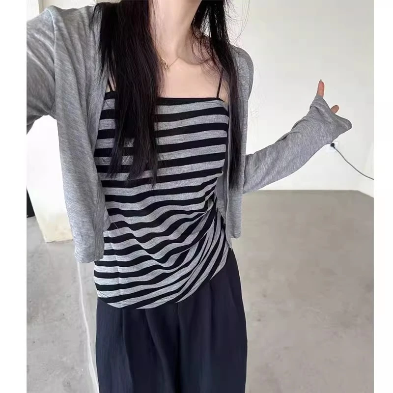 条纹背心防晒开衫两件套女2025夏季款韩版时尚慵懒风洋气百搭上衣