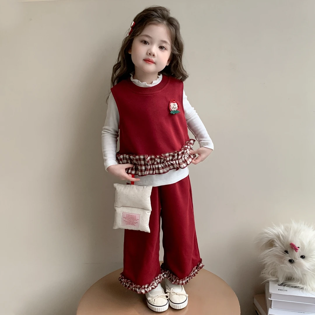 女童秋季2025新款时尚洋气儿童喜庆格子花边立体绣花甜美风套装