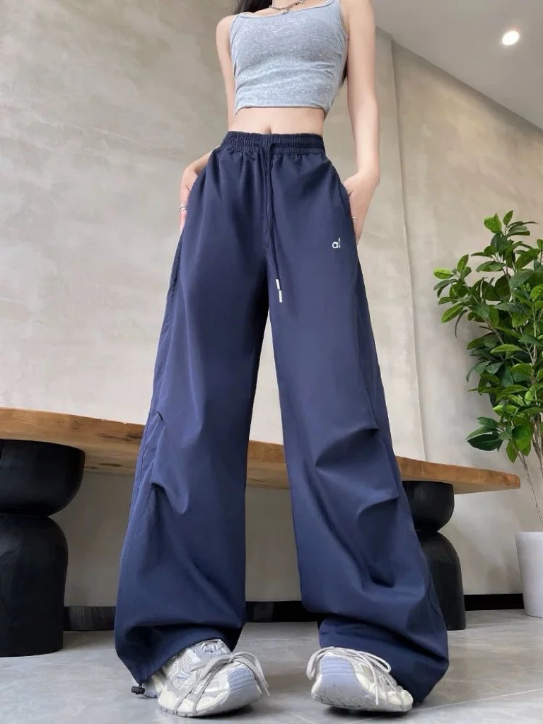 「速干抽绳工装裤」早春新款高腰直筒百搭显瘦宽松休闲裤薄款阔腿裤