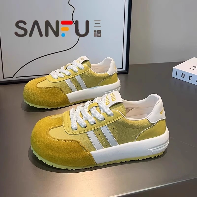 三福真皮厚底休闲板鞋德训鞋女款真皮小白鞋2025春季新款运动女鞋