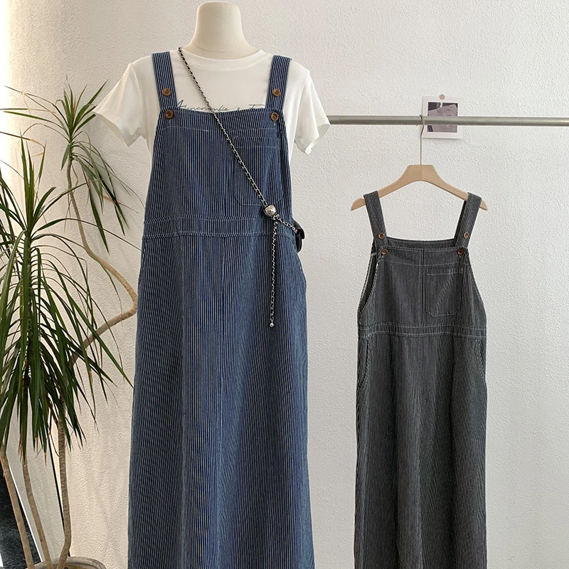 韩版背带裙中长款无袖条纹外搭休闲连衣裙女宽松学院风显瘦直筒夏