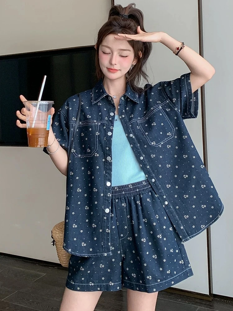 俏皮减龄复古印花牛仔短裤套装女2025夏小个子时髦率性穿搭两件套