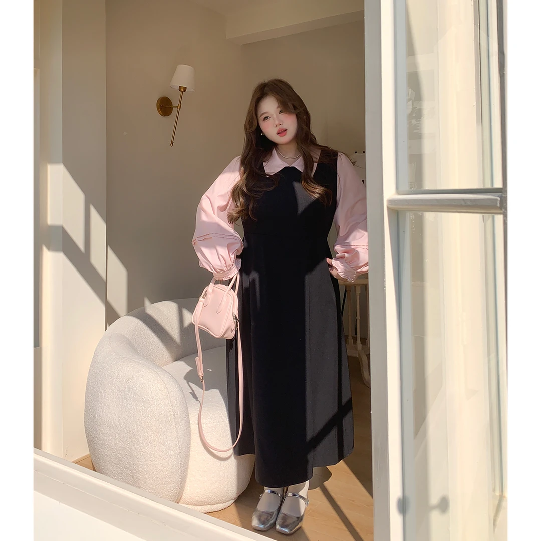 徐达布【晚风欲动】黑色衬衫领长裙女秋冬长袖宽松裙子L28276C51