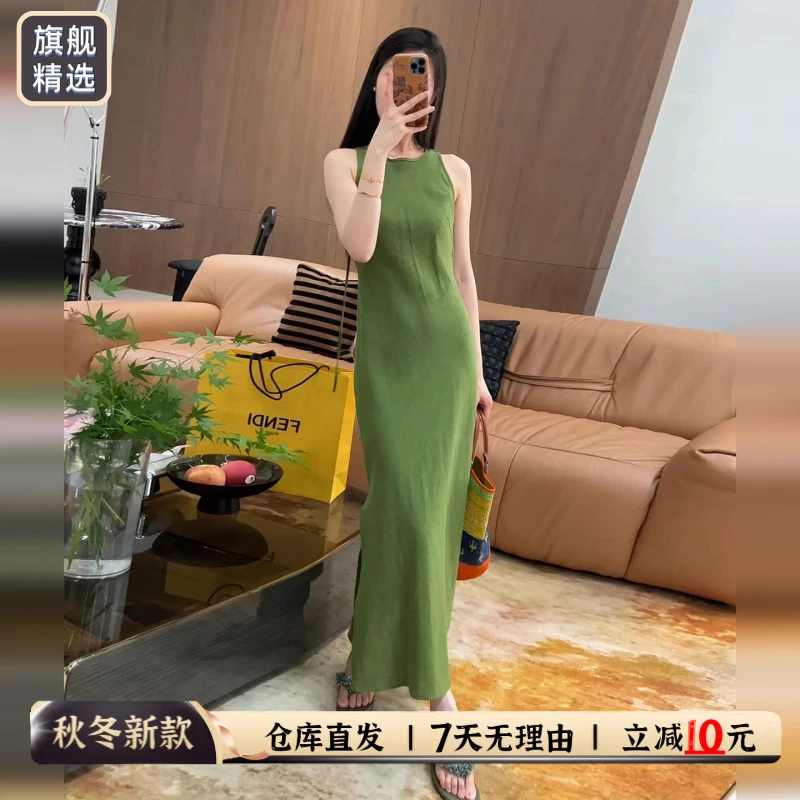 森系复古绿色无袖背心吊带连衣裙女夏季2025气质收腰显瘦背心长裙
