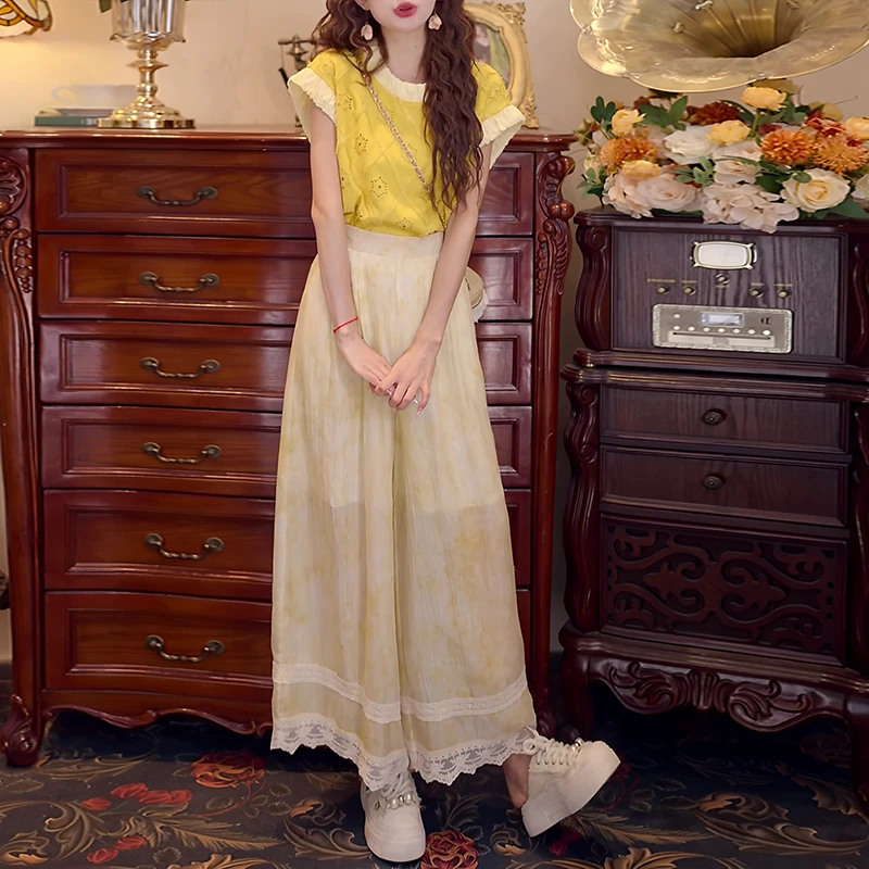 圆领拼色飞飞袖上衣高腰休闲裤套装女生2025年夏季新款时尚两件套