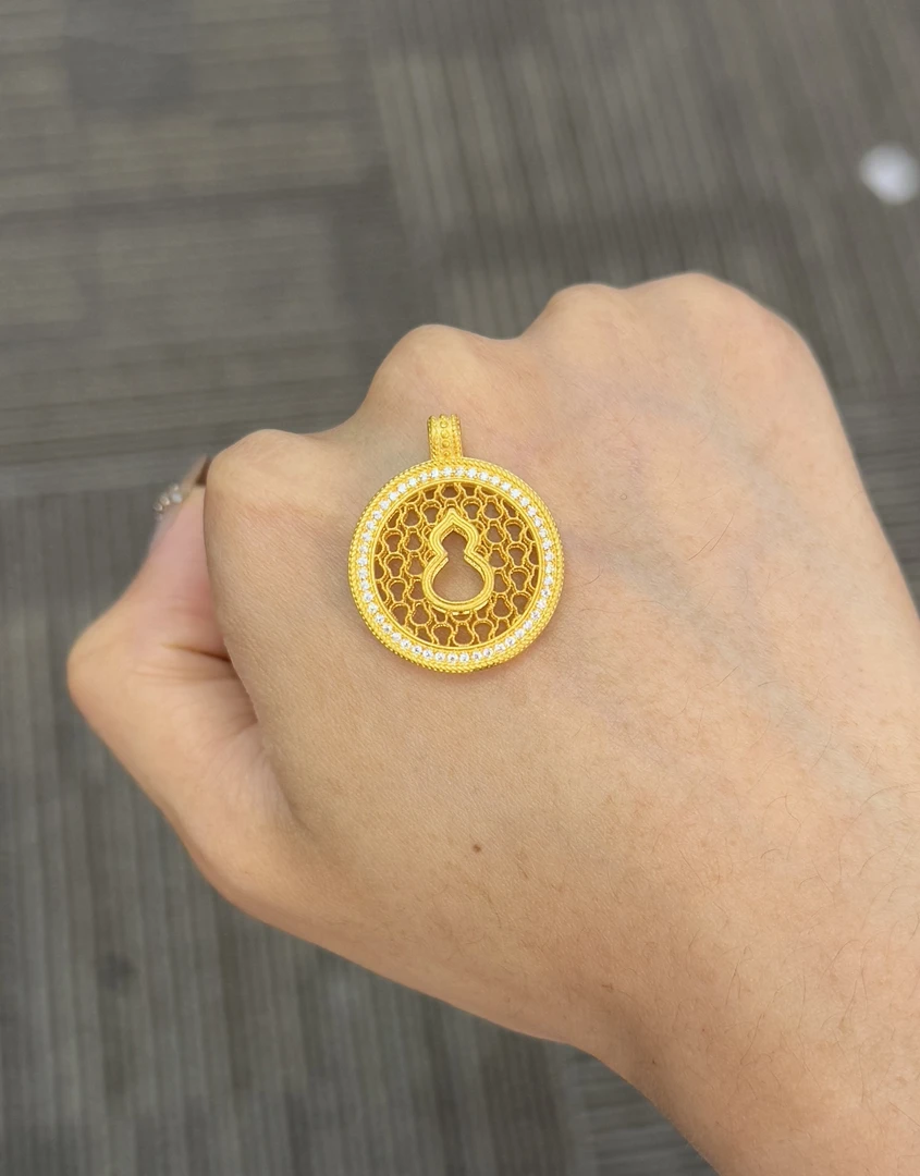 足金999 点钻花丝镂空葫芦罗盘吊坠