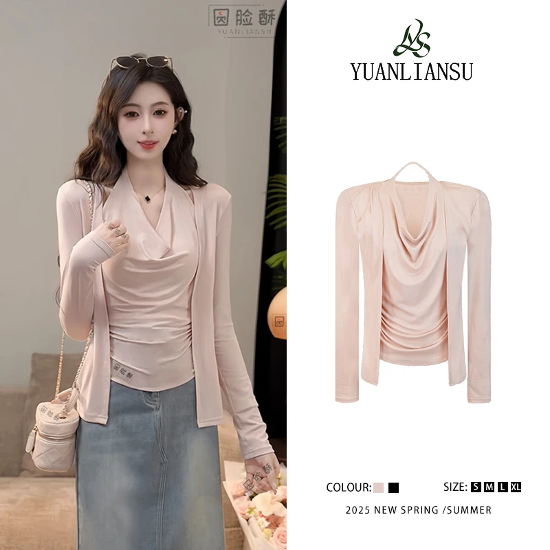 YUANLIANSU/圆脸酥【梨花未香】法式设计感荡领假两件长袖显瘦t恤女
