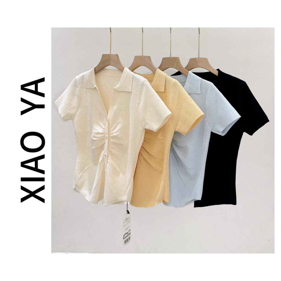 9273夏季新款气质V领显瘦收褶百搭针织上衣