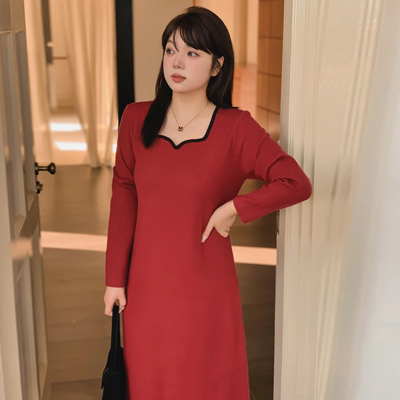 大码女装法式V领针织连衣裙胖mm2024秋季宽松直筒长裙22739