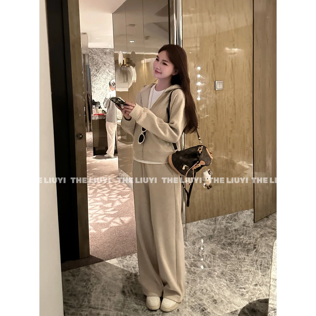 【LIUYI】一周套装~冬季羊毛混纺加绒加厚外套休闲裤两件套59261