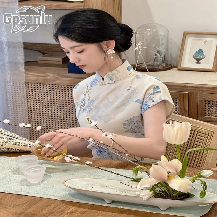 gpsunlu新款旗袍新中式年轻款国风少女夏季复古日常全开襟连衣裙