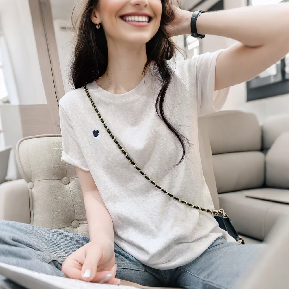 雪花棉白色短袖T恤衫女2025夏季刺绣宽松显瘦小个子圆领体恤上衣