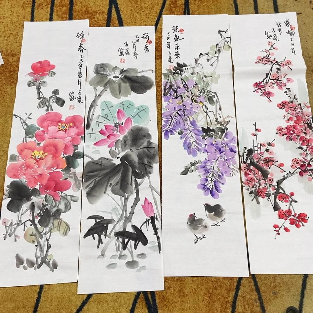 国画盛****K冯子毫手绘花鸟四条25.100