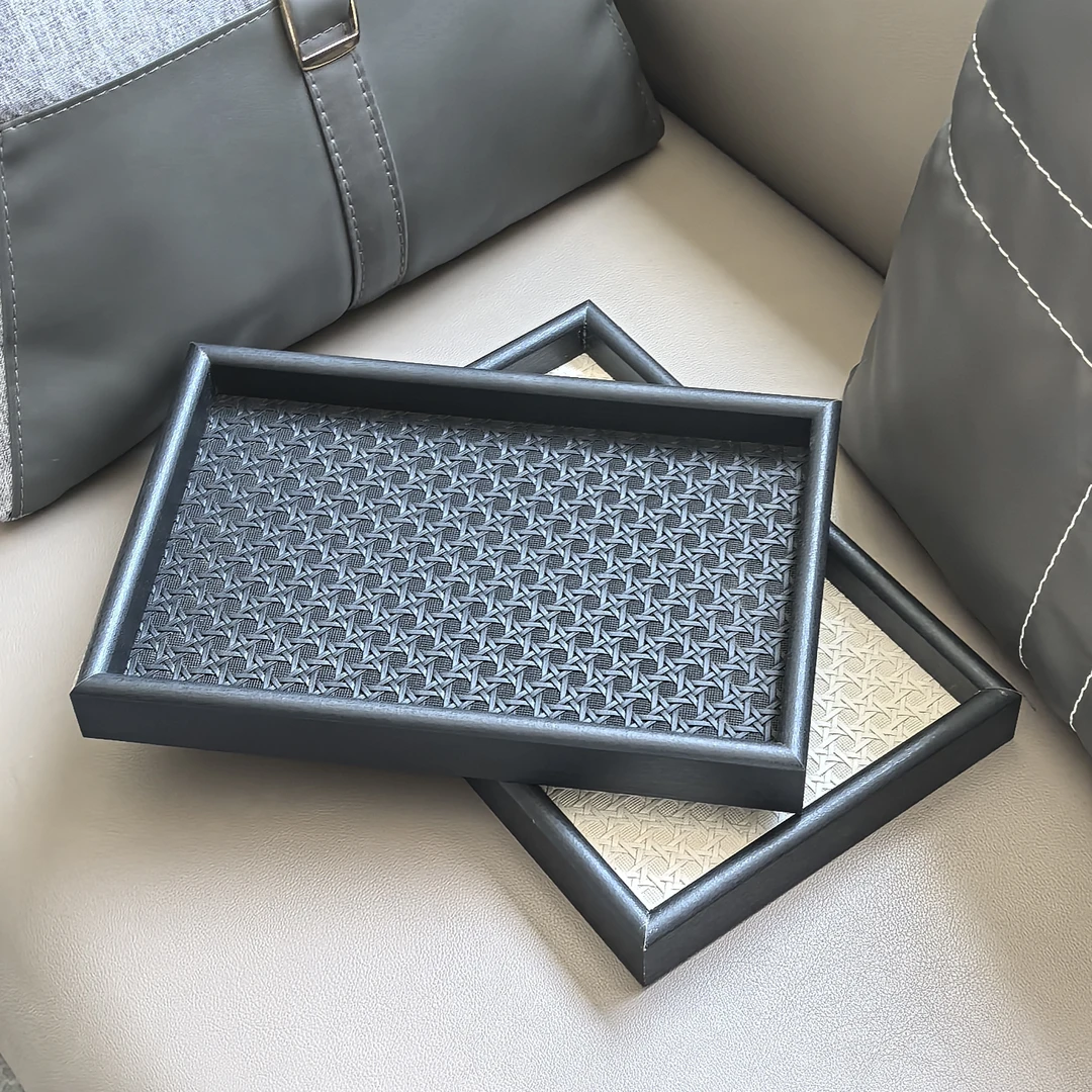 新款黑框皮革托盘木质收纳托盘置物盘小物件收纳盘客厅桌面托盘