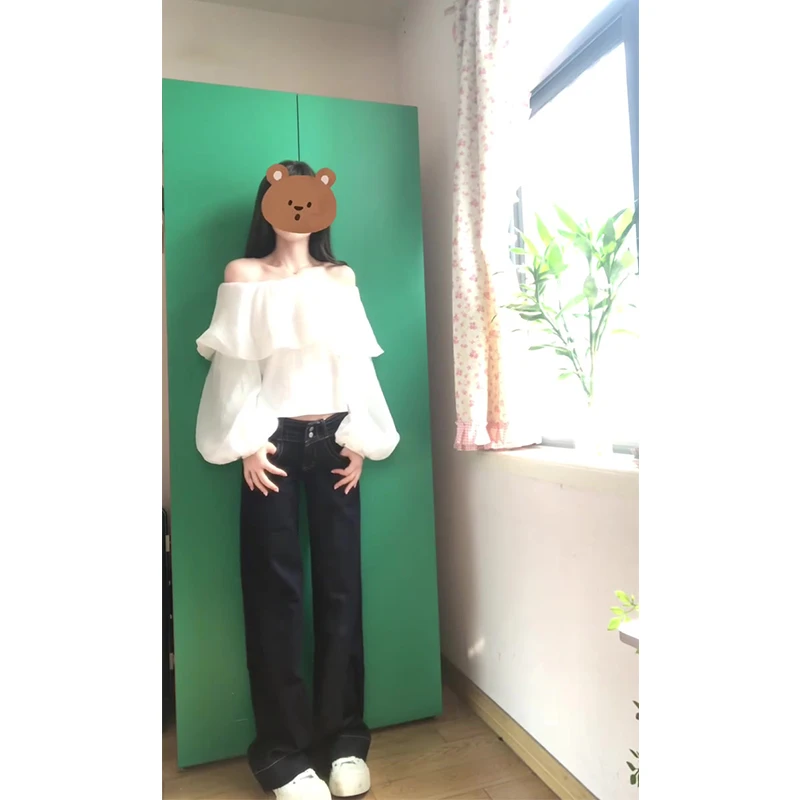 MARIE.COCO法式气质泡泡袖露肩蓬蓬雪纺衫女秋季修身牛仔裤两件套