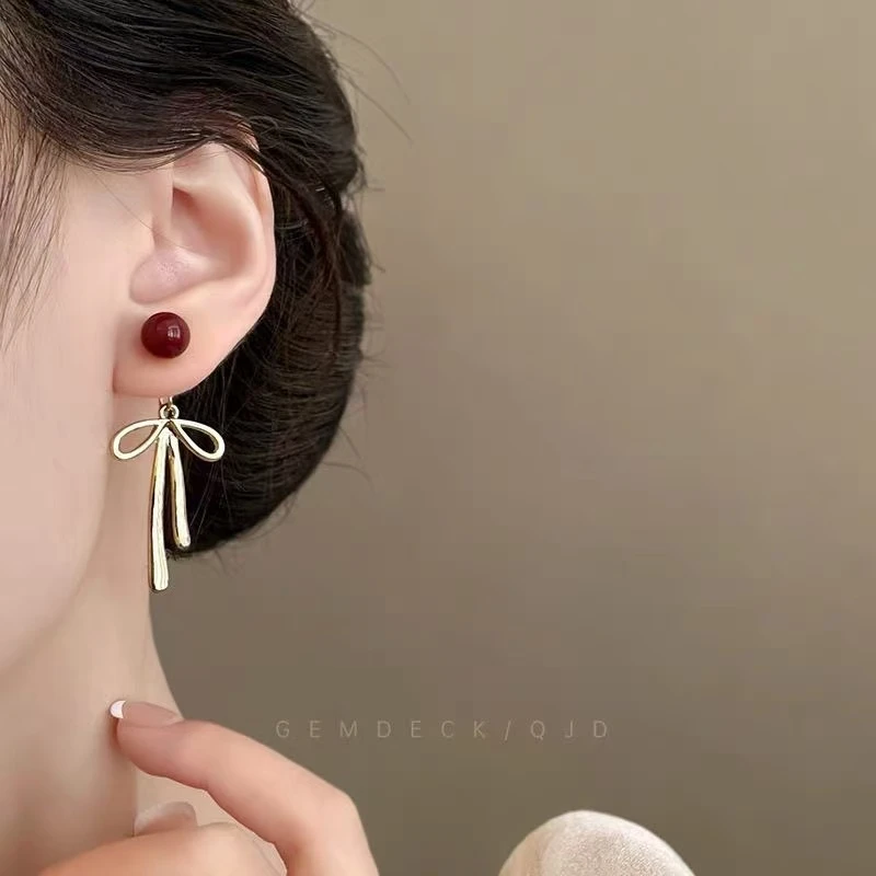 铜合金耳饰 蝴蝶结耳钉超仙甜美少女心复古穿搭一式两戴耳饰-