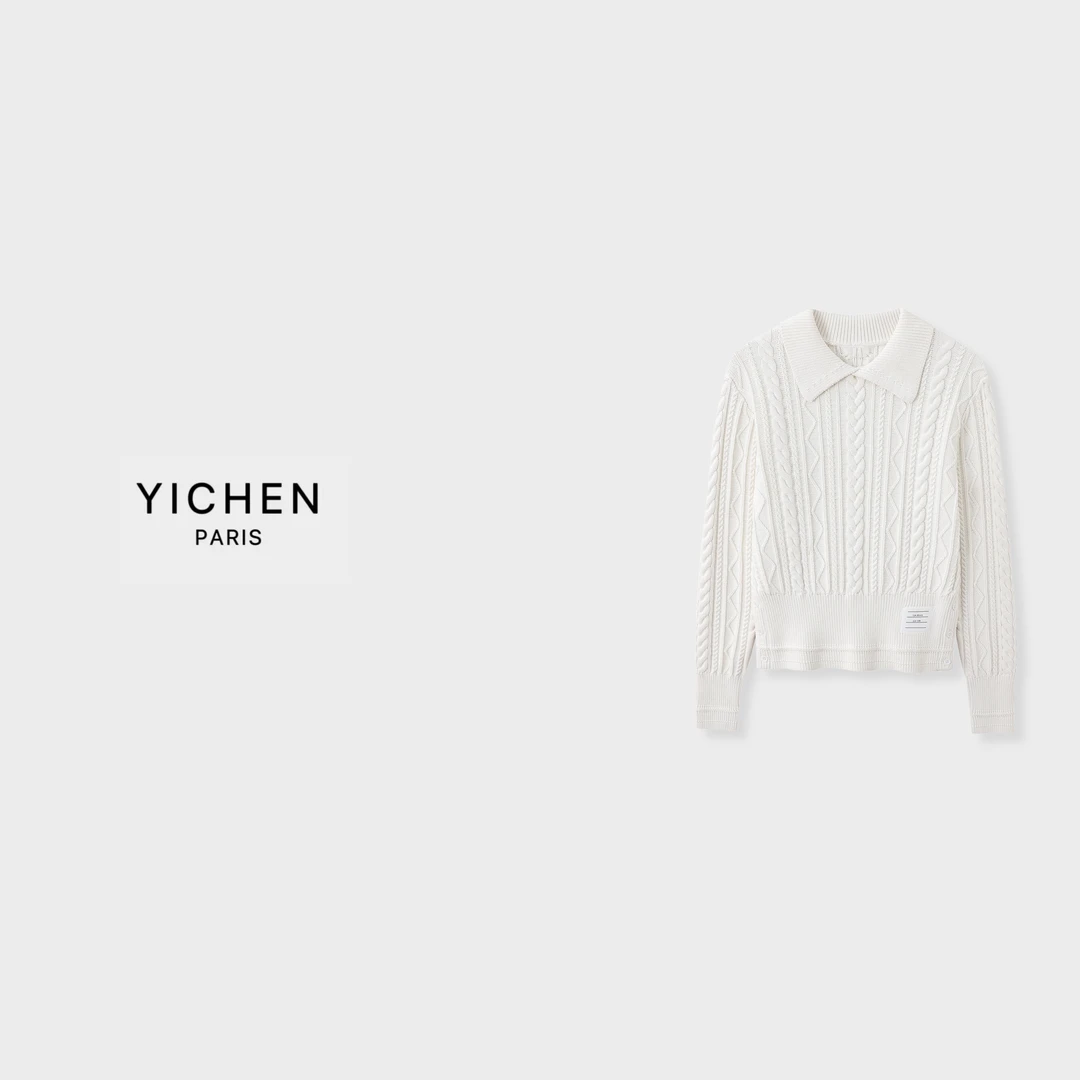 YC 奶白色  经典四杠翻领绞花针织毛衣-6089