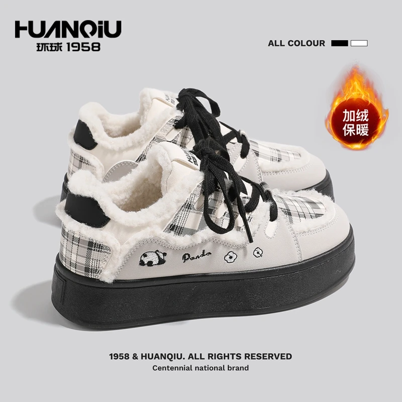环球格纹休闲鞋保暖二棉鞋2025冬季新款百搭板鞋加绒加厚小白鞋女
