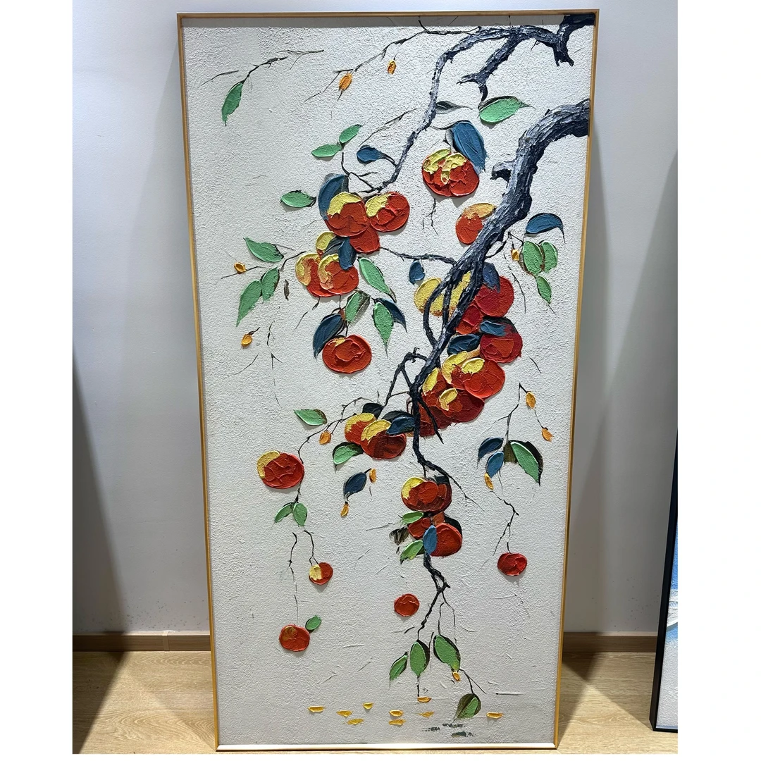 T08肌理画《柿柿如意》玄关竖版装饰画中式客厅过道挂画
