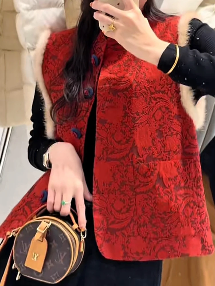 冬季新年红浮雕提花新中式加厚马甲万事如意国风立领毛毛马夹女