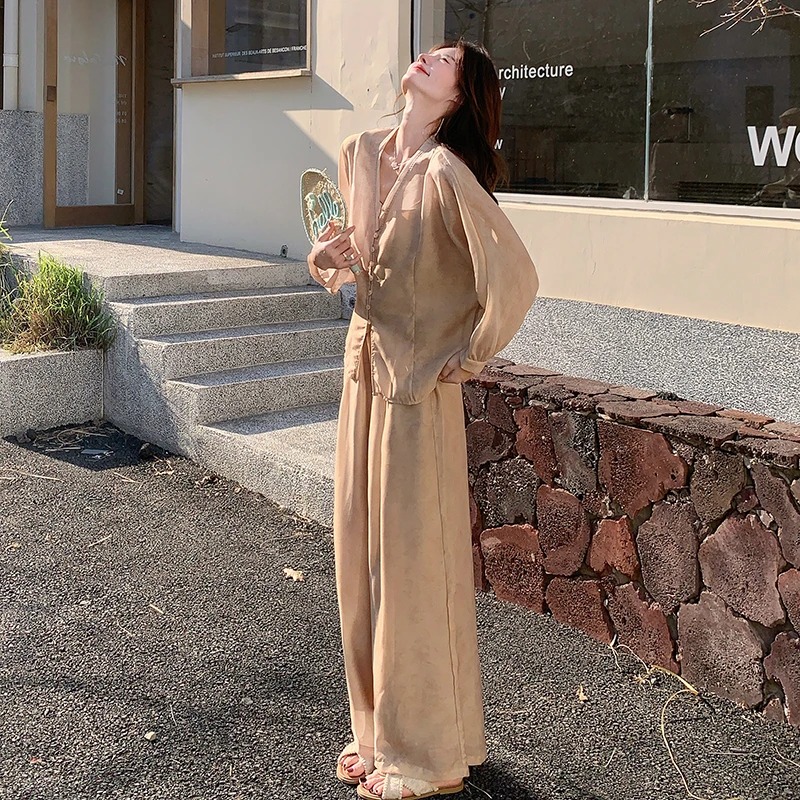 杏色新中式禅意清冷感衬衣套装女2025年春夏新款高腰阔腿裤两件套