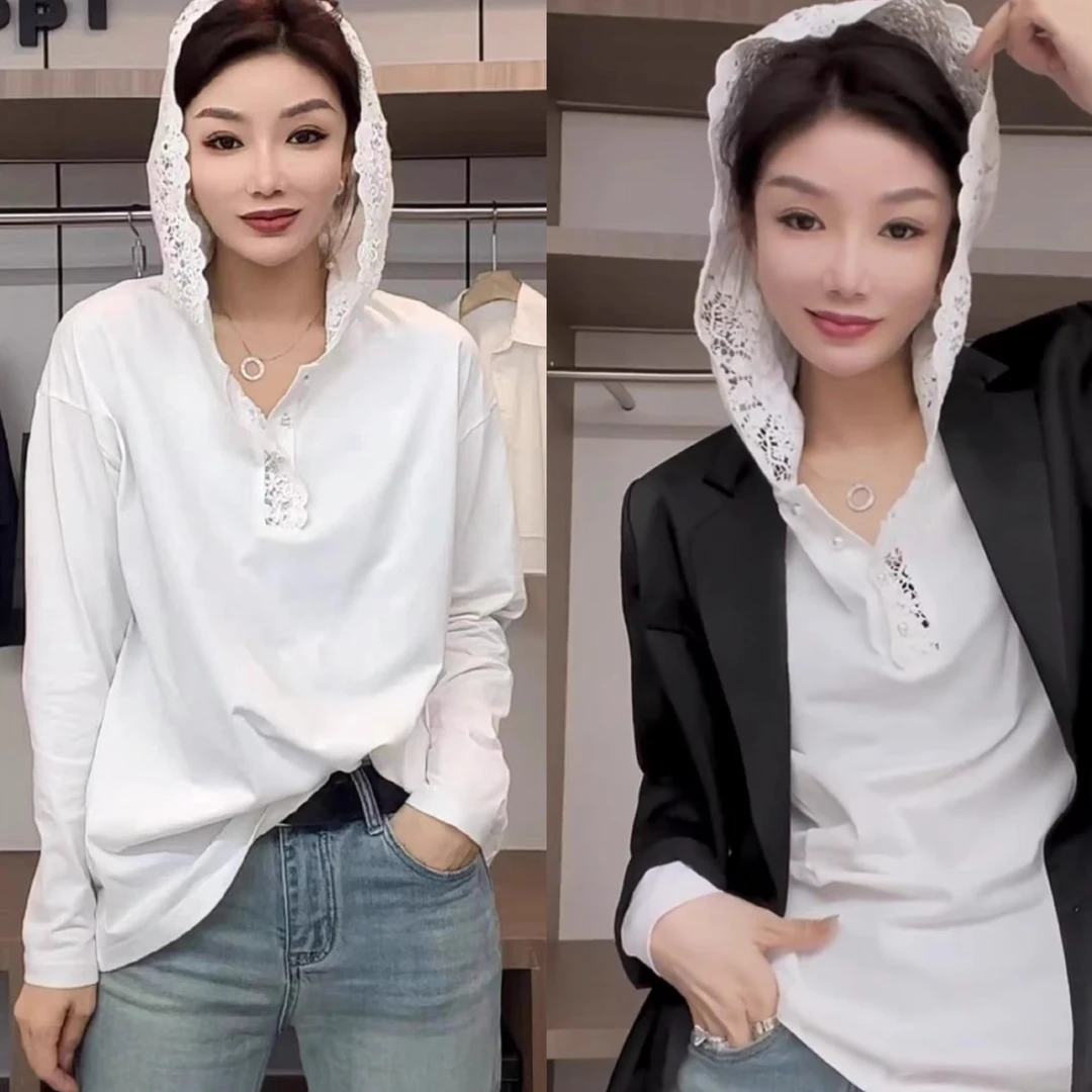 深圳南油2025秋冬新款钩花蕾丝连帽中长款帽衫女百搭叠穿宽松上衣