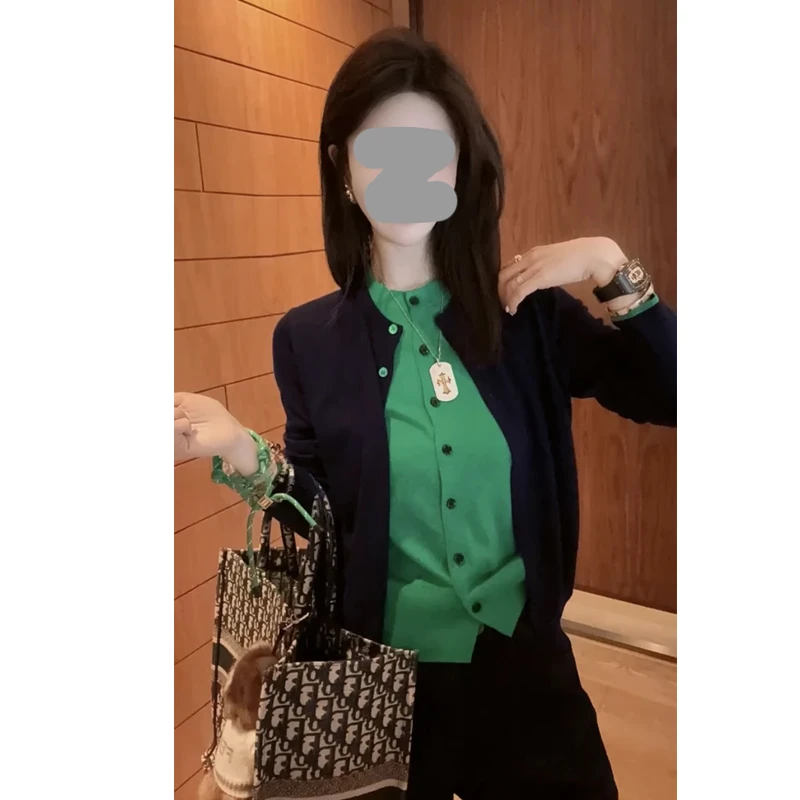 法式轻奢撞色圆领针织开衫女早秋新款时尚拼接假两件单排多扣上