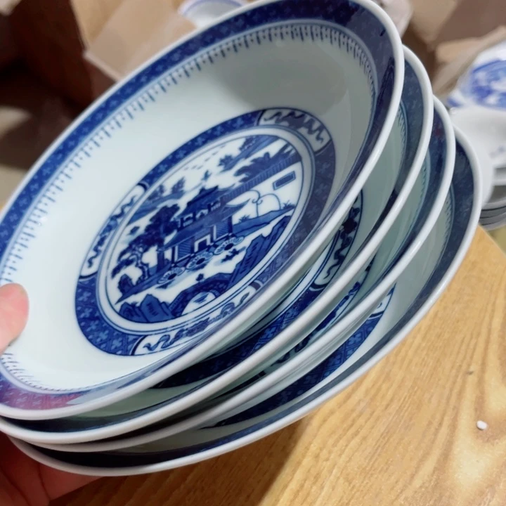 青花玲珑8寸窝盘梧桐微瑕4个青*