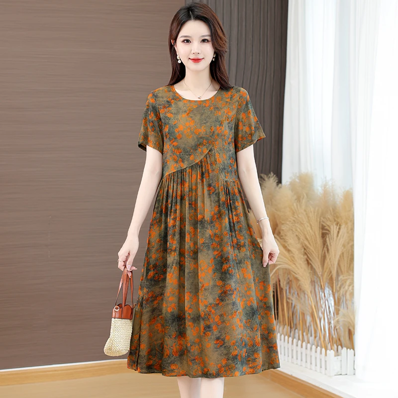 2025夏季新款棉绸连衣裙女中长款宽松大码时尚外穿人造棉绵绸裙子