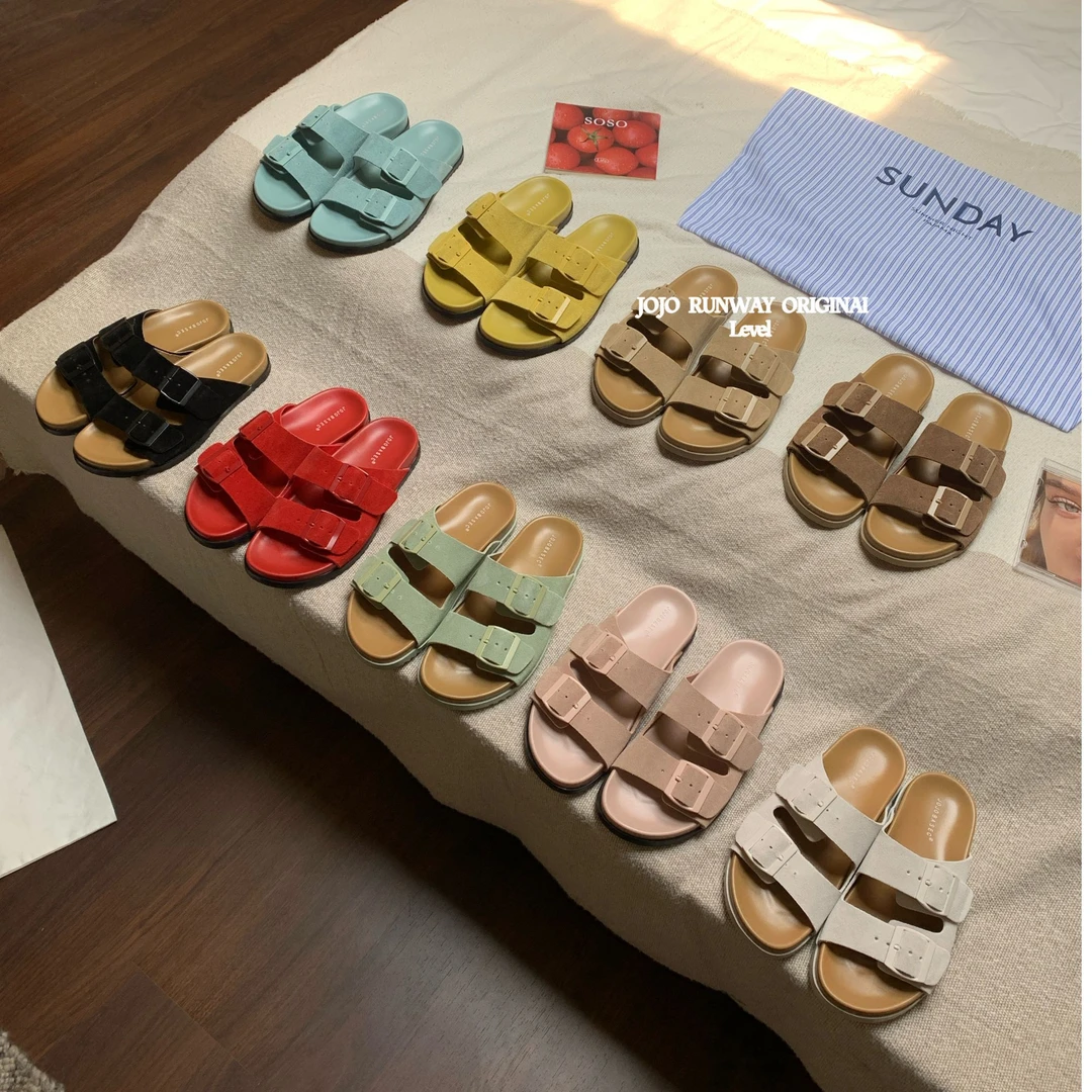 BUBU推荐~夏季新款平底一字带方扣厚底沙滩勃肯凉拖鞋女999-2