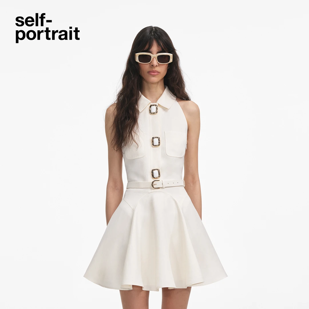 self-portrait 25秋新款流光风设计感亚麻混纺挂脖无袖连衣裙短裙