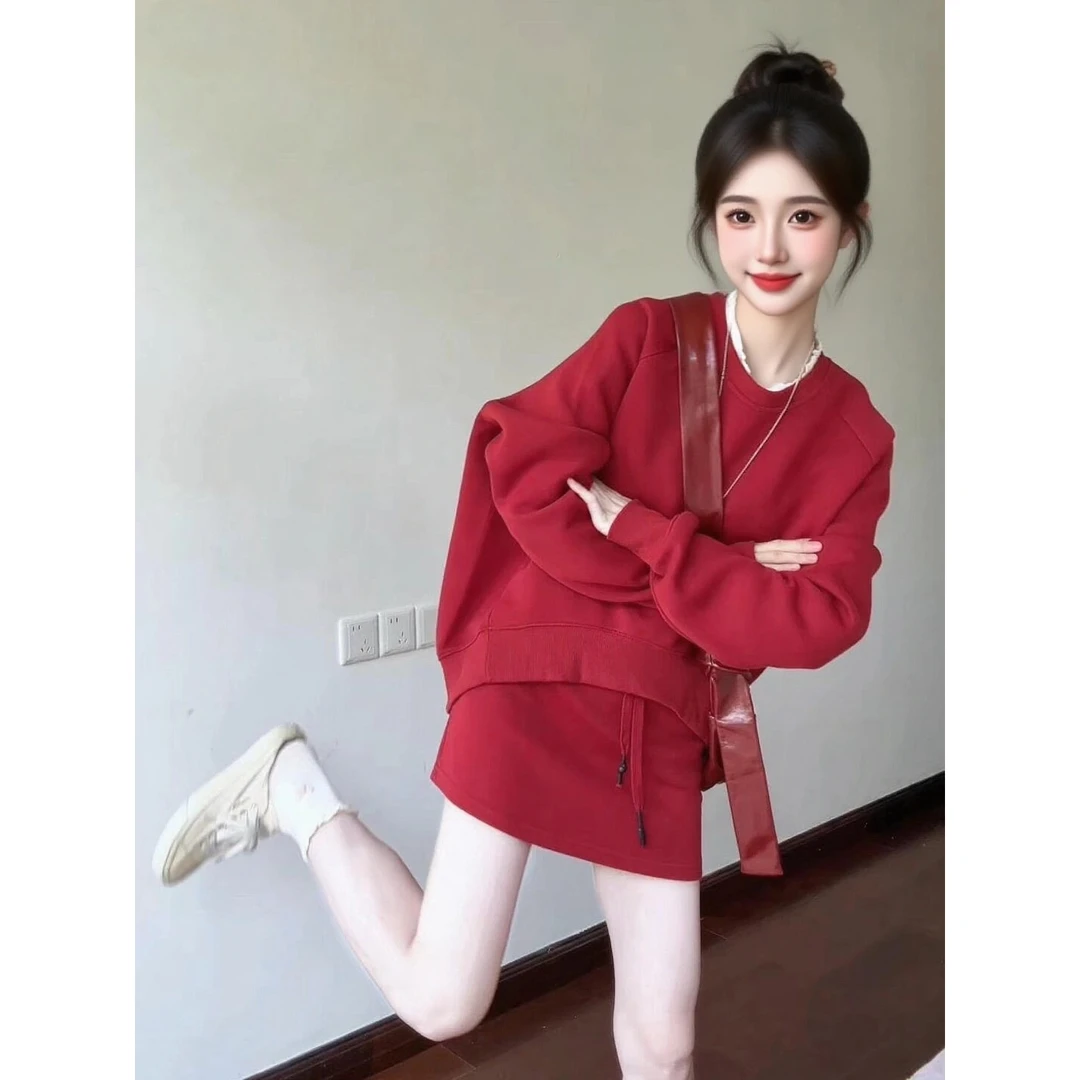 春秋新款时尚休闲宽松高腰减龄显瘦套装裙红色卫衣半身裙两件套