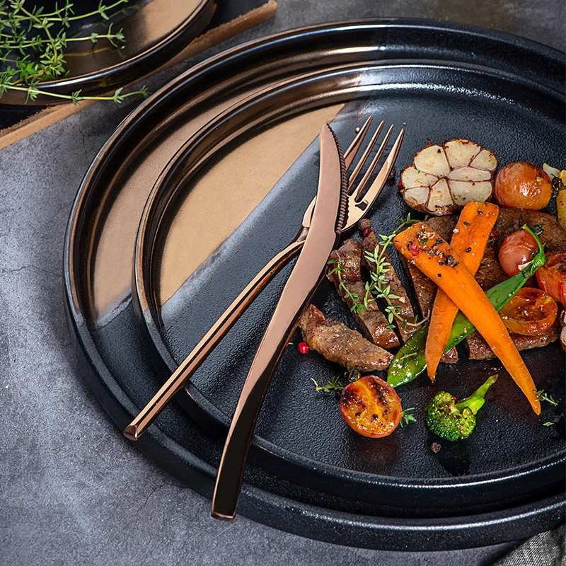 轻奢欧式黑金陶瓷盘 创意牛排披萨盘 酒店商用家用菜甜品碟