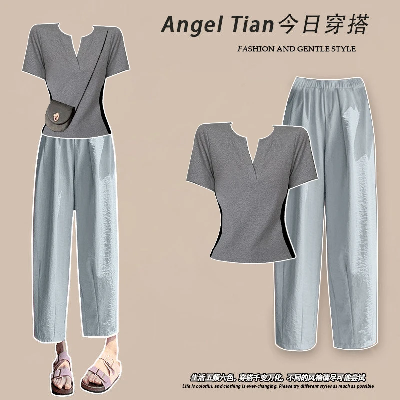 【6-8运补】休闲套装女夏季韩版V领撞色短袖+奶芙萝卜裤减龄两件套