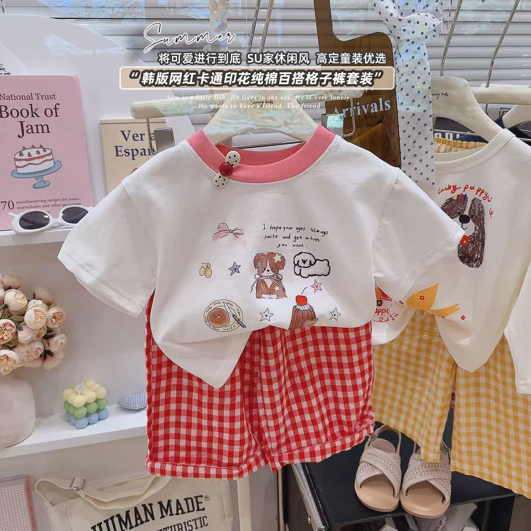 儿童夏季新款儿童休闲卡通绣花百搭格子裤套装女童洋气时尚短袖装