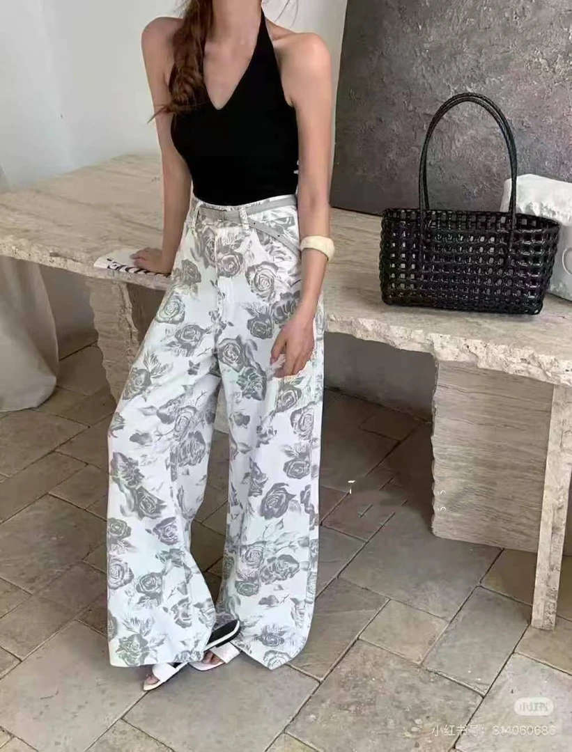 【8792】茶#高腰印花直筒宽松牛仔裤