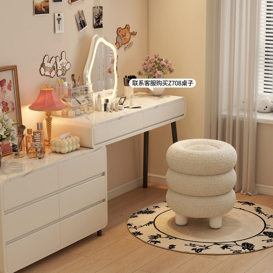 奶油风化妆凳ins梳妆凳椅梳妆台凳子羊羔绒圆凳女生卧室懒人椅
