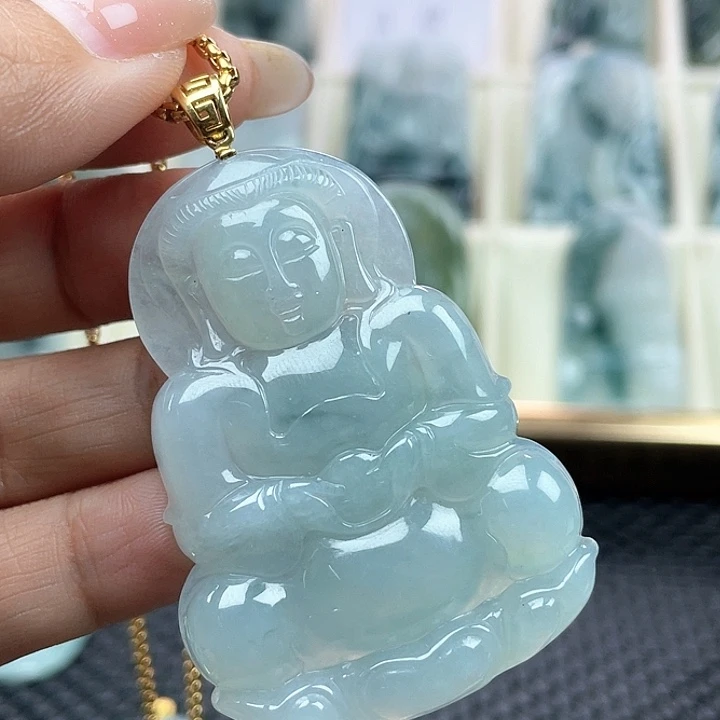 颈饰18K金镶嵌翡翠唔*天然翡翠货正装观音