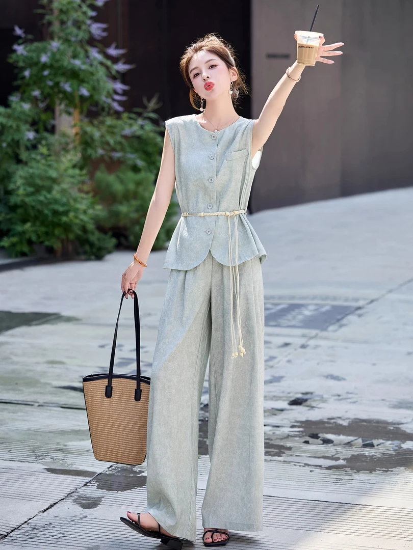 〈纪朵研〉0540港风高级感简约套装裤夏新款流行气质阔腿裤两件套潮