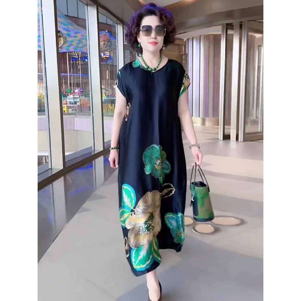 625短袖复古大码连衣裙2025夏季新款宽松遮肉显瘦气质妈妈长裙子
