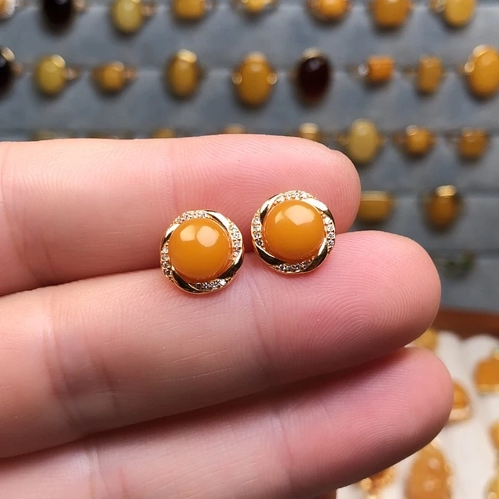 蜜蜡银S925镀金镶嵌耳饰耳钉1