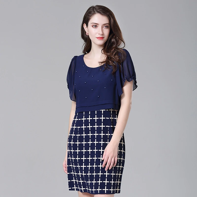 贝特如妈妈连衣裙夏季中年女装雪纺短袖假两件气质裙子专柜正品YW