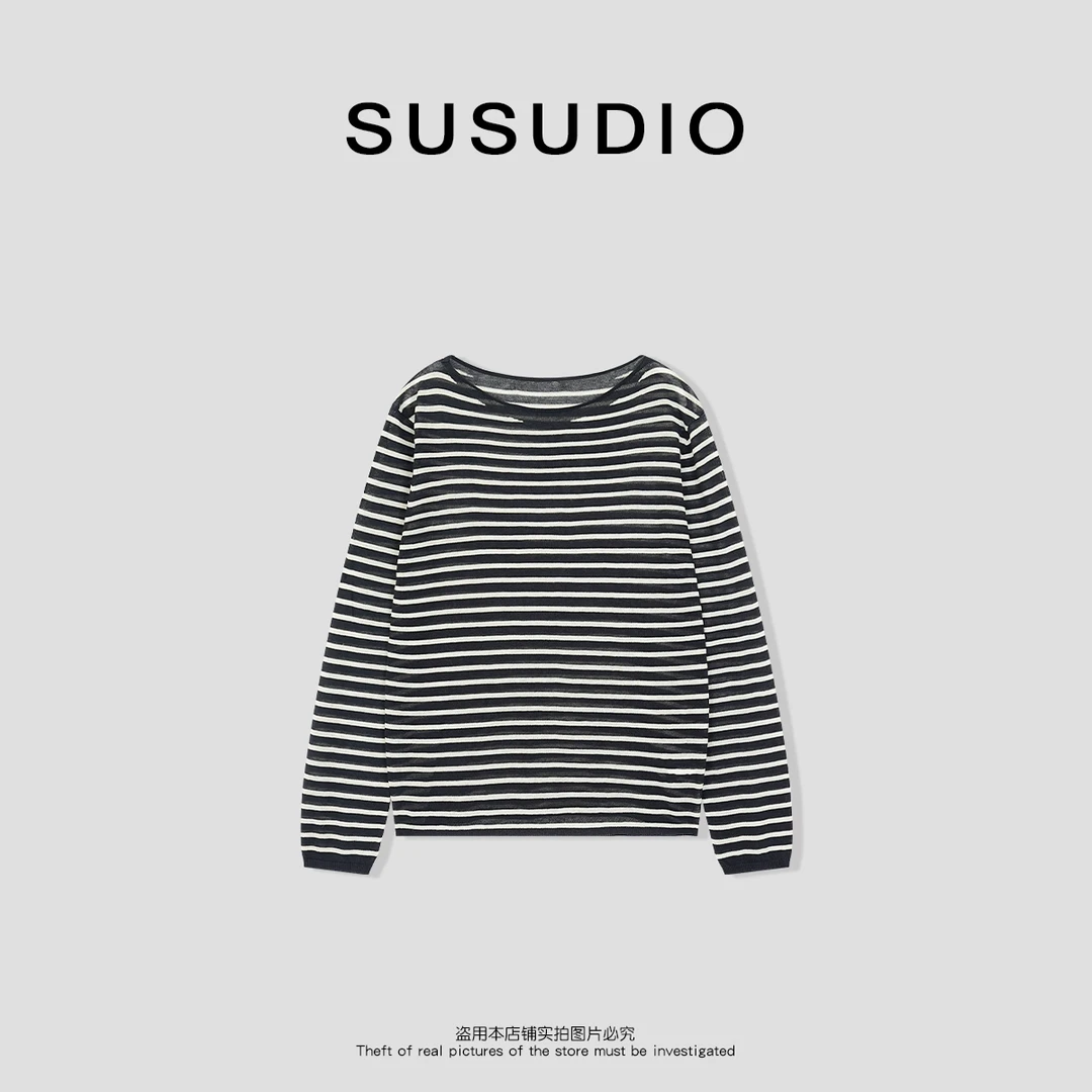 SUSUDIO 亚麻+天丝 韩系极简主义撞色条纹宽松针织衫50068