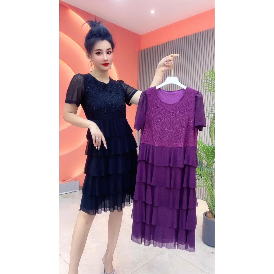 2227女士夏季短袖百搭高腰连衣裙气质蕾丝蛋糕裙