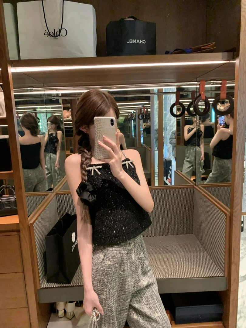 【古怪精灵】2025夏季新款富家千金感镶钻蝴蝶结背心上衣配休闲裤女